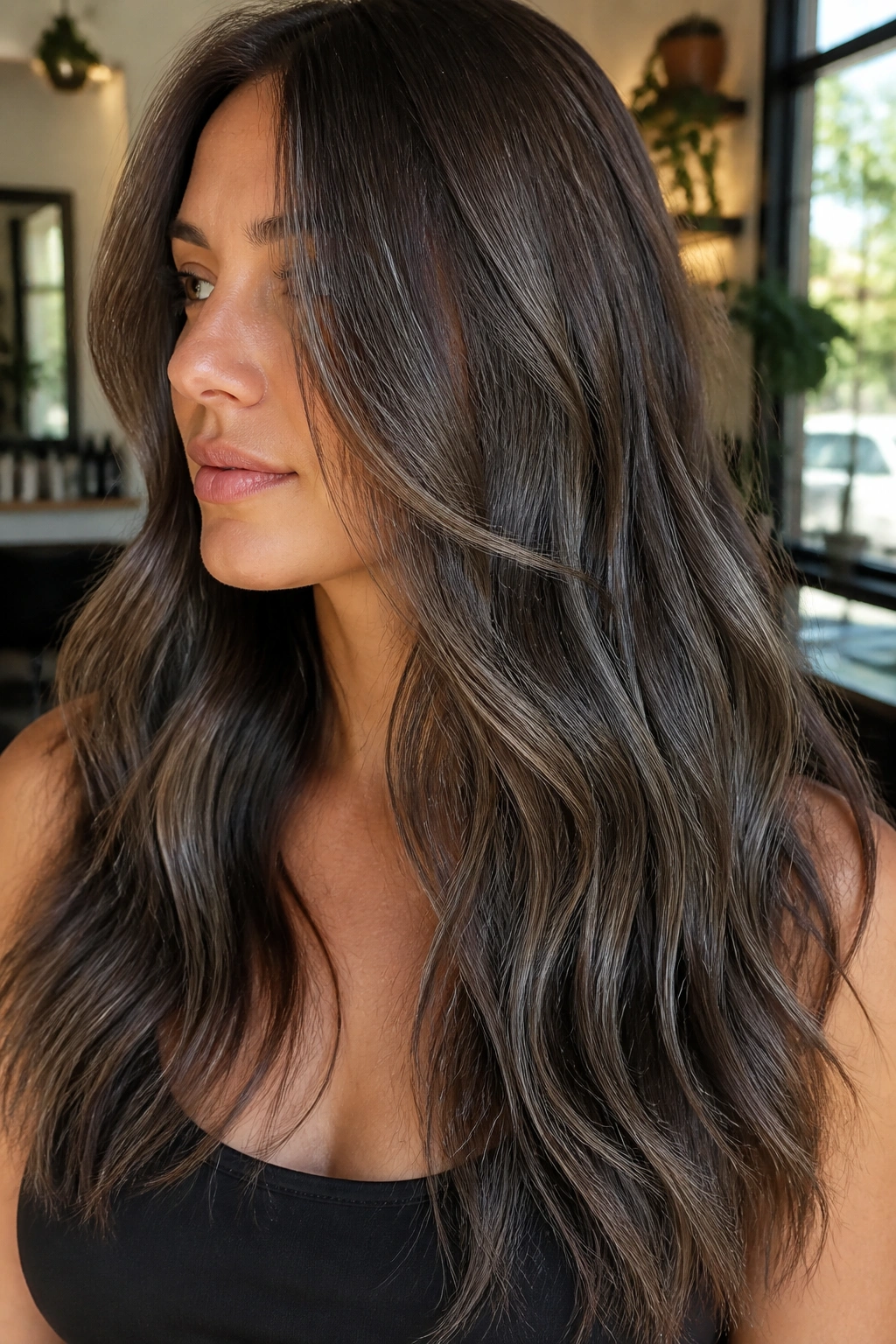 Close up portrait of a real woman with chestnut base and graphite ribbons in long hair