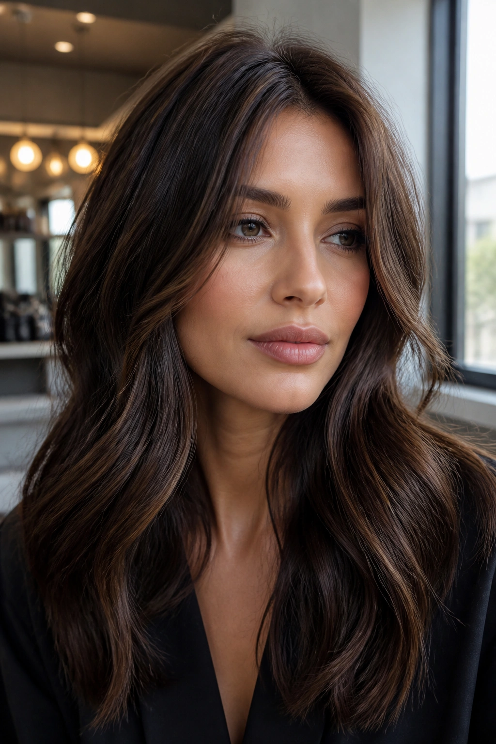 Close-up of Chestnut and Graphite Dimension hair with graphite lowlights in window-lit salon