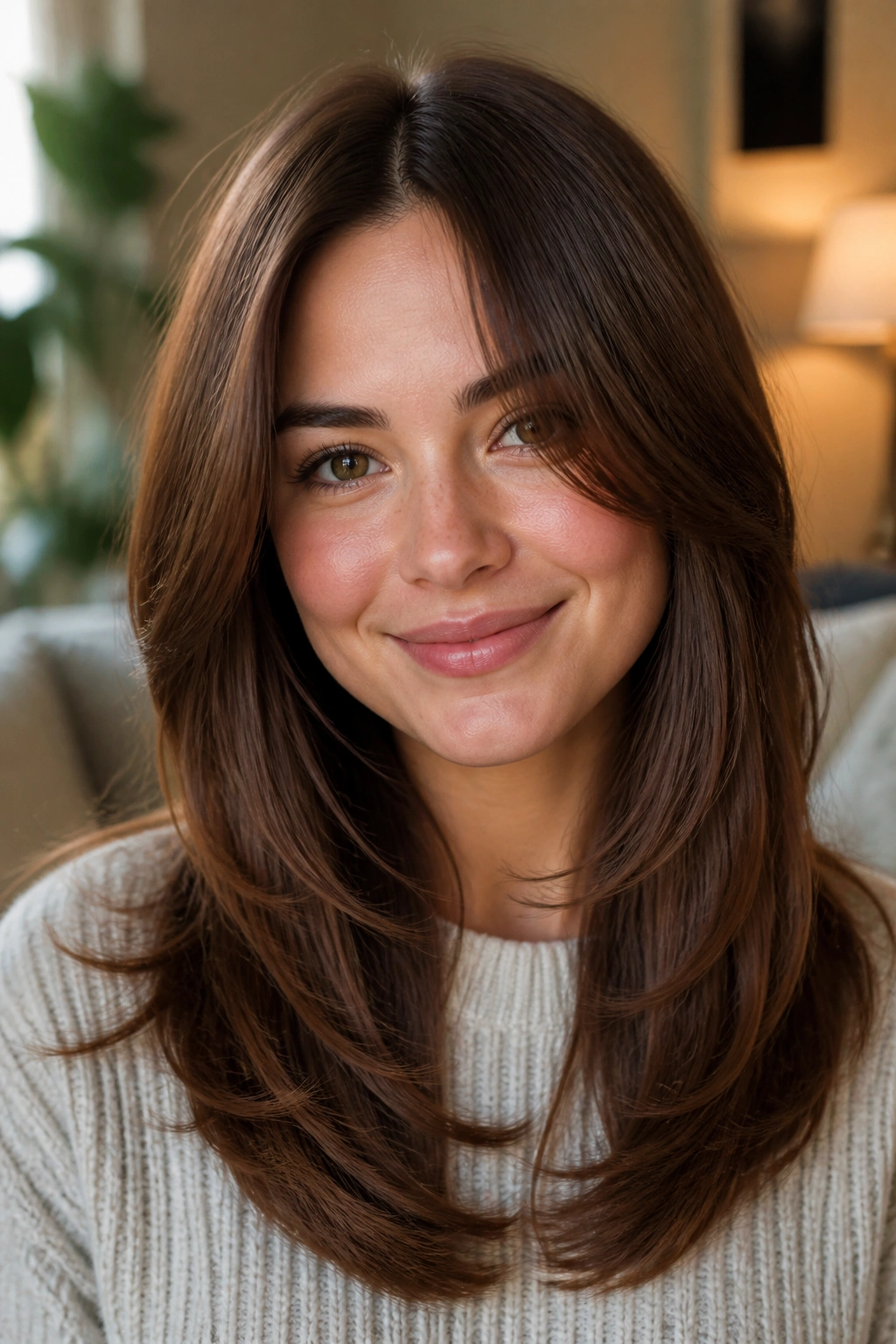 Close-up of chestnut layered hair starting below chin on a real woman