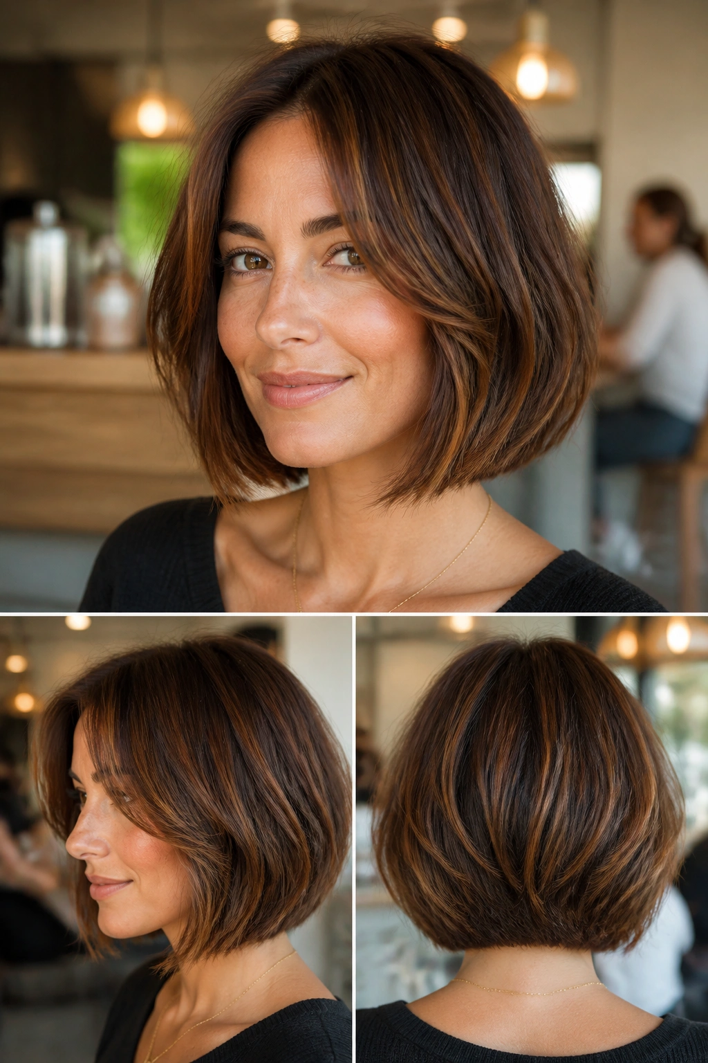 Bob haircut with chestnut highlights