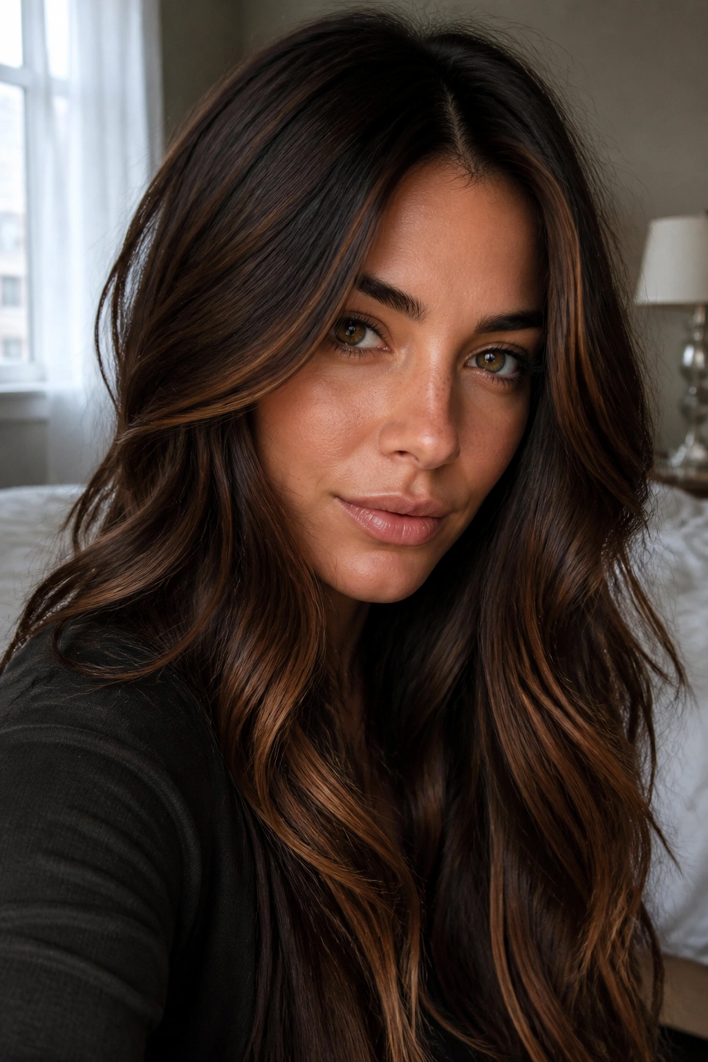Close-up of chestnut highlights on dark brown hair