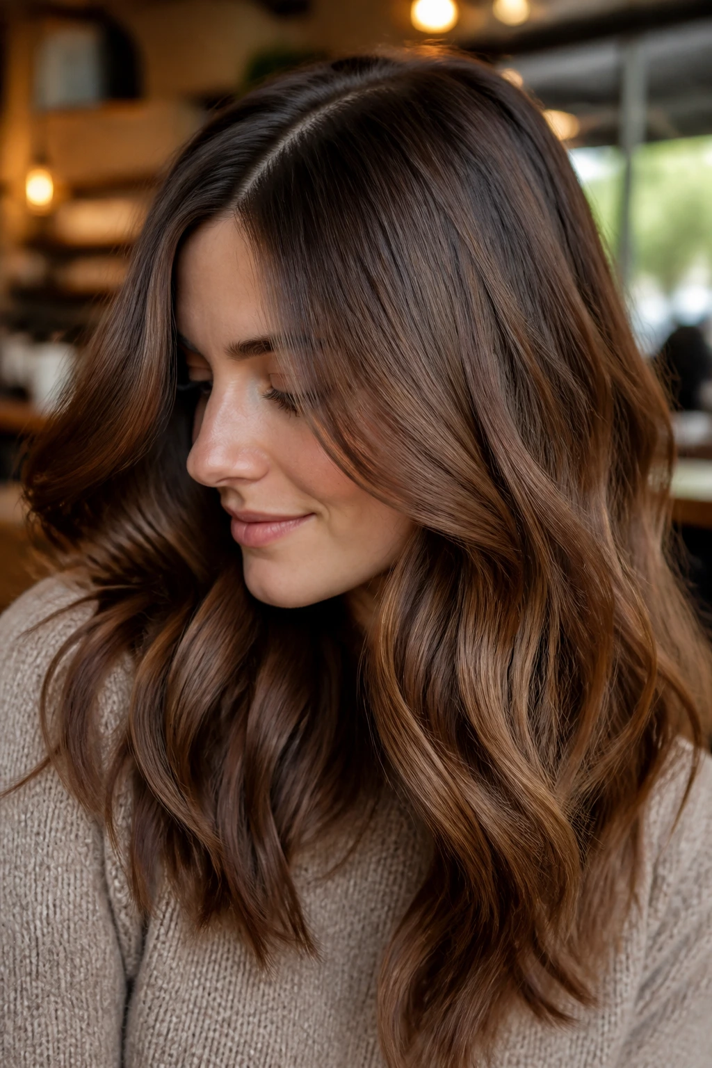Close-up portrait of a real woman with chestnut honey brown and ash root shadow