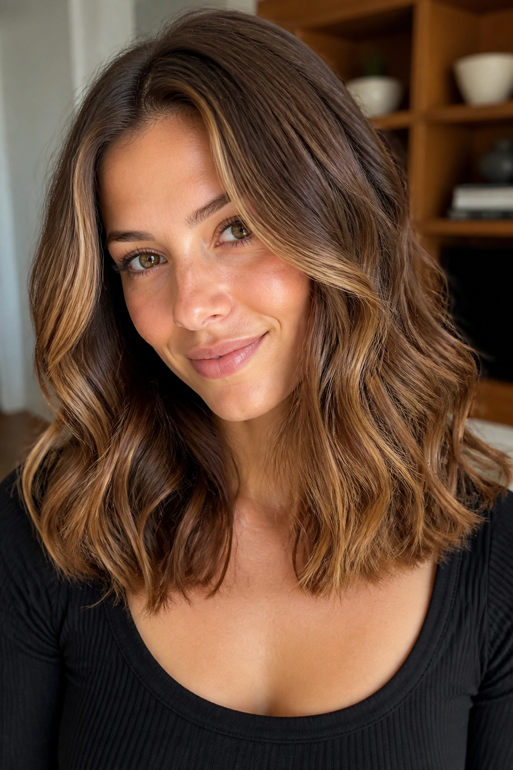 Brunette with chestnut base and honey highlights at the front and ends.