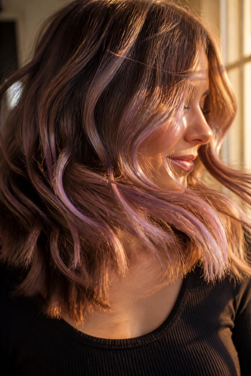 Real person with chestnut hair and ribboned lavender lights weaving through curls