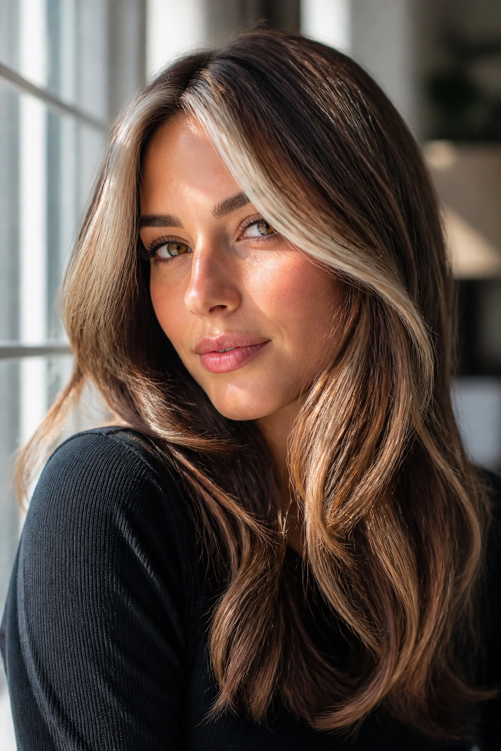 Close-up portrait of a real woman with chestnut layers and platinum surface pieces