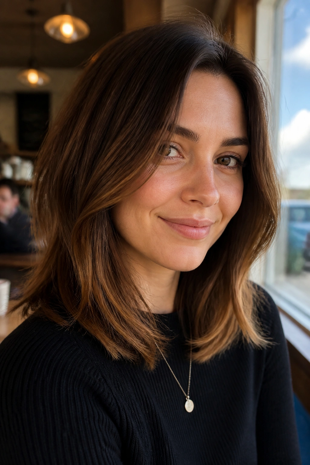 Close-up portrait of a real woman with chestnut lob and airy layers