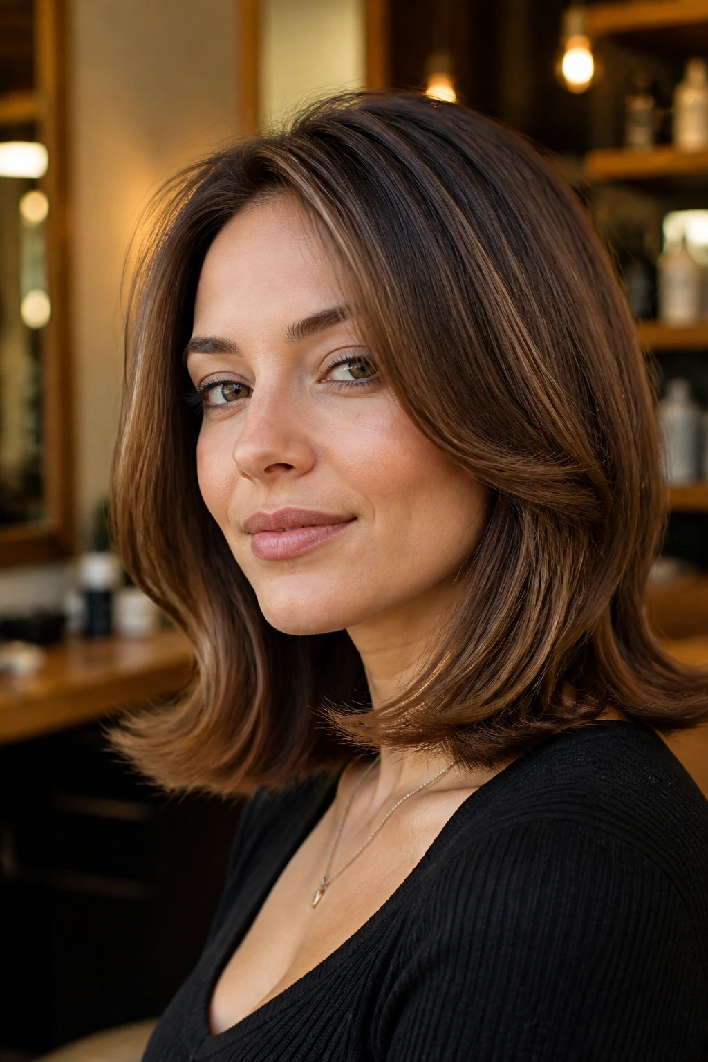 Close-up portrait of a real woman with chestnut layered lob and flipped ends, warm salon lighting