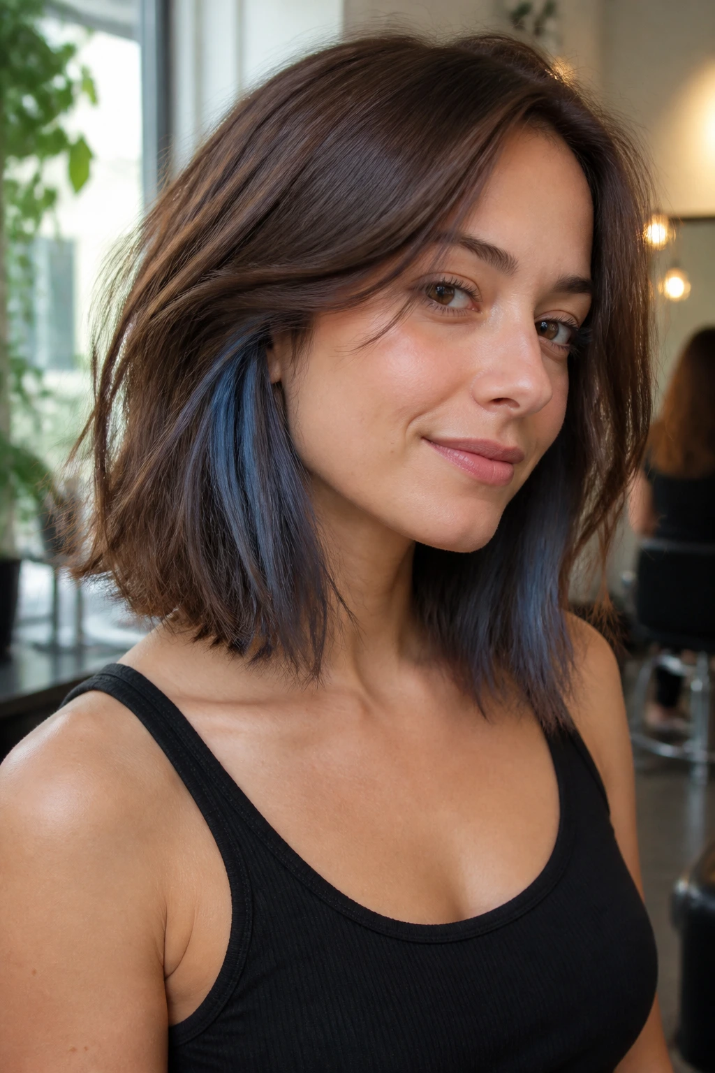 Shoulder-length chestnut lob with smoke blue underlights peeking from beneath the top layer