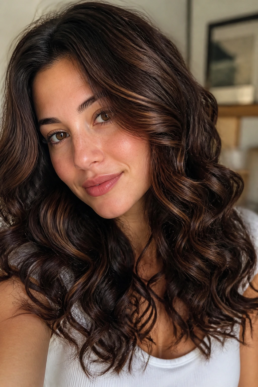 Close-up portrait of brunette with chestnut lowlights adding warm depth