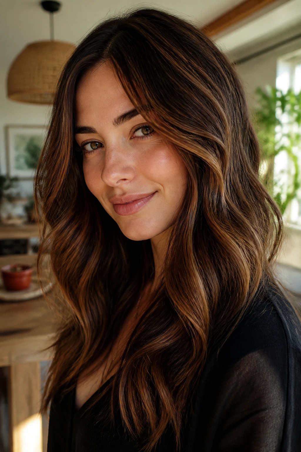 Brunette with chestnut lowlights in natural sunlight