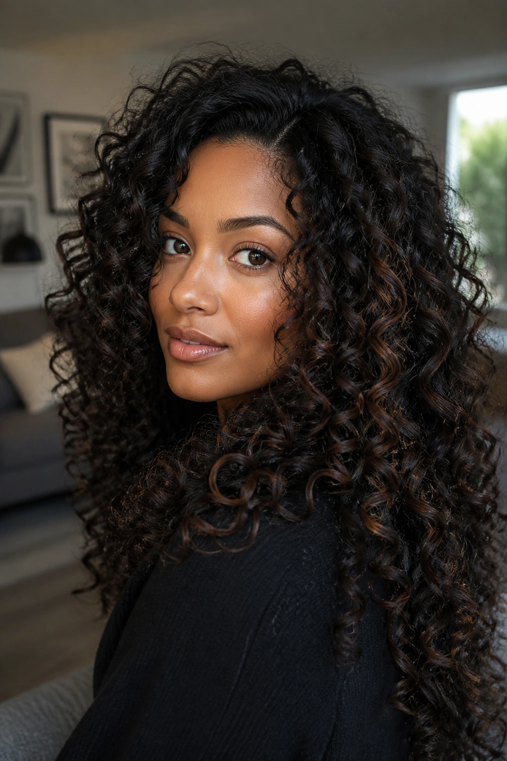 Close-up of a real woman with black hair with chestnut lowlights weaving through curls