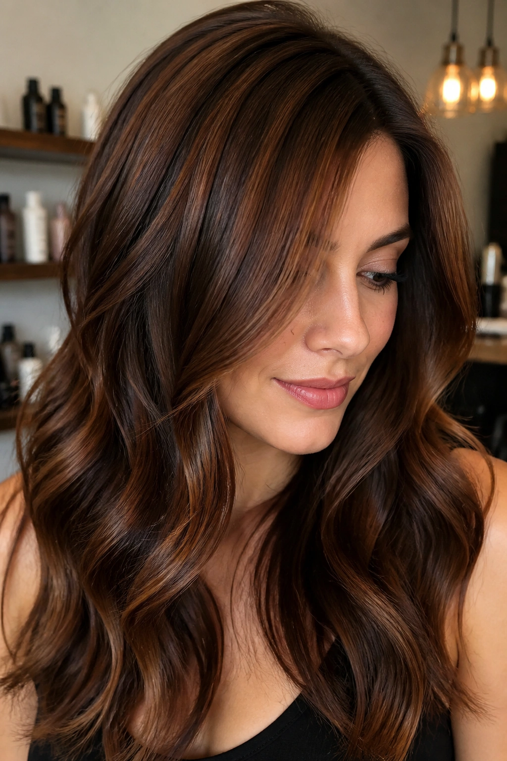 Real woman with chestnut lowlights adding depth