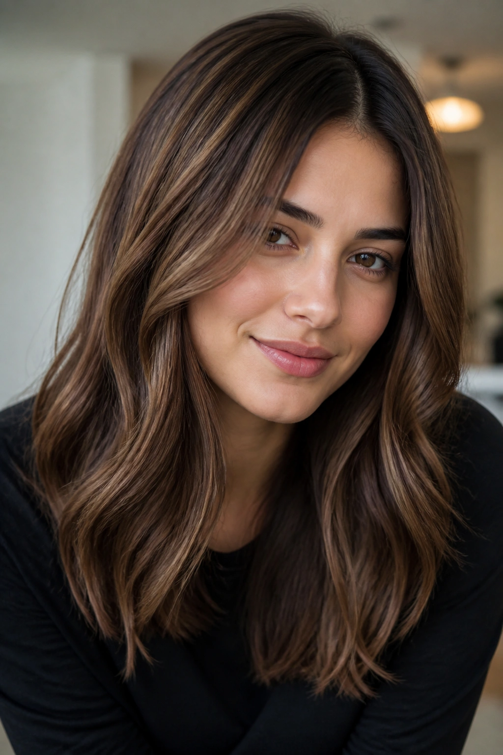 Close-up portrait of brunette with chestnut lowlights adding depth