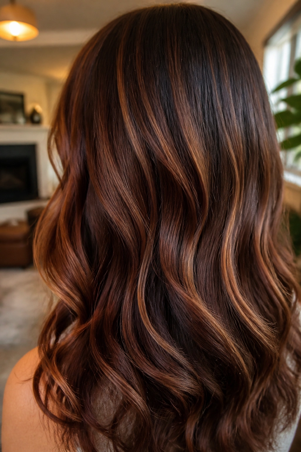 Close-up of chestnut lowlights and highlights on brunette hair