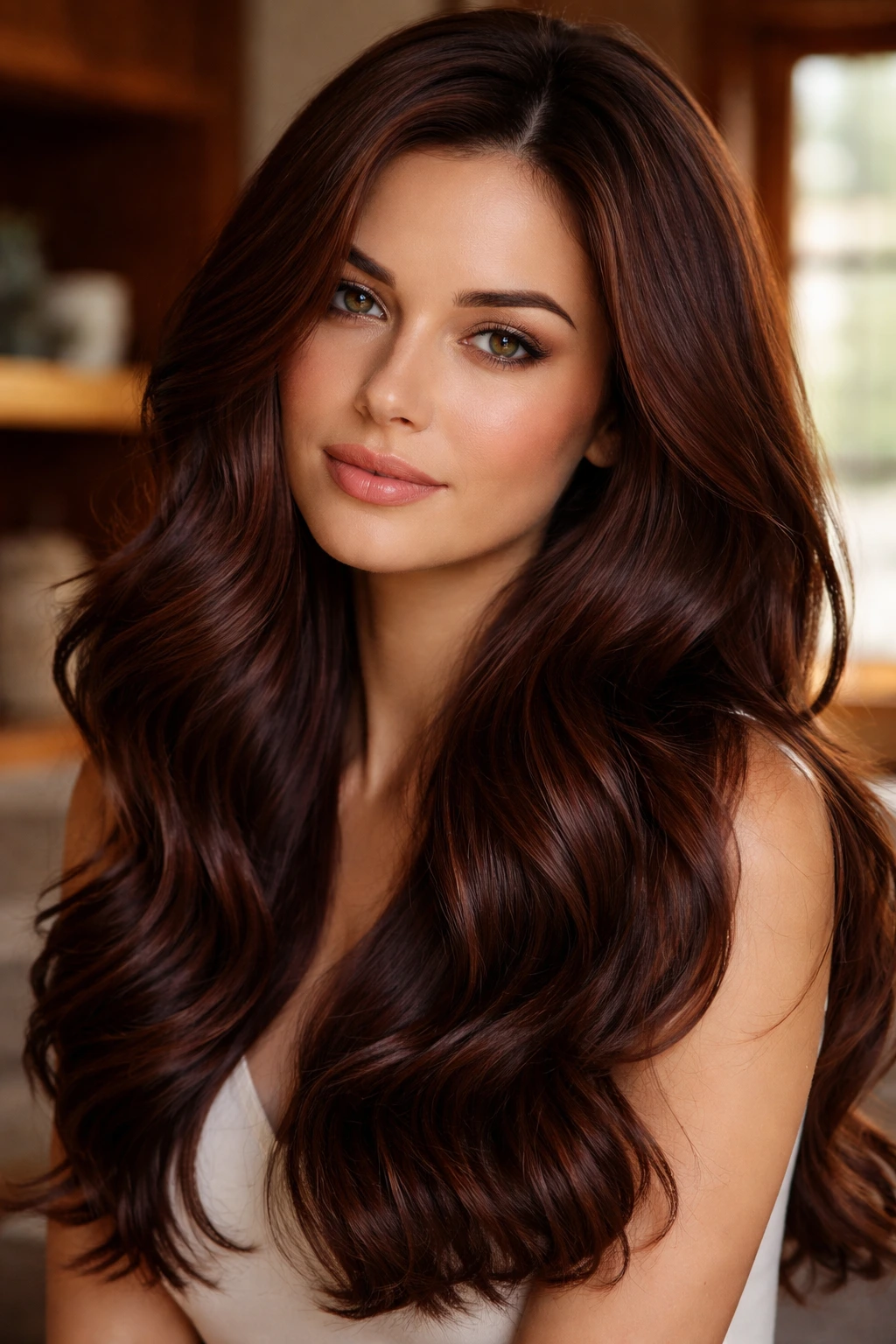 Portrait of a woman with chestnut-mahogany hair in a warm wood-toned setting