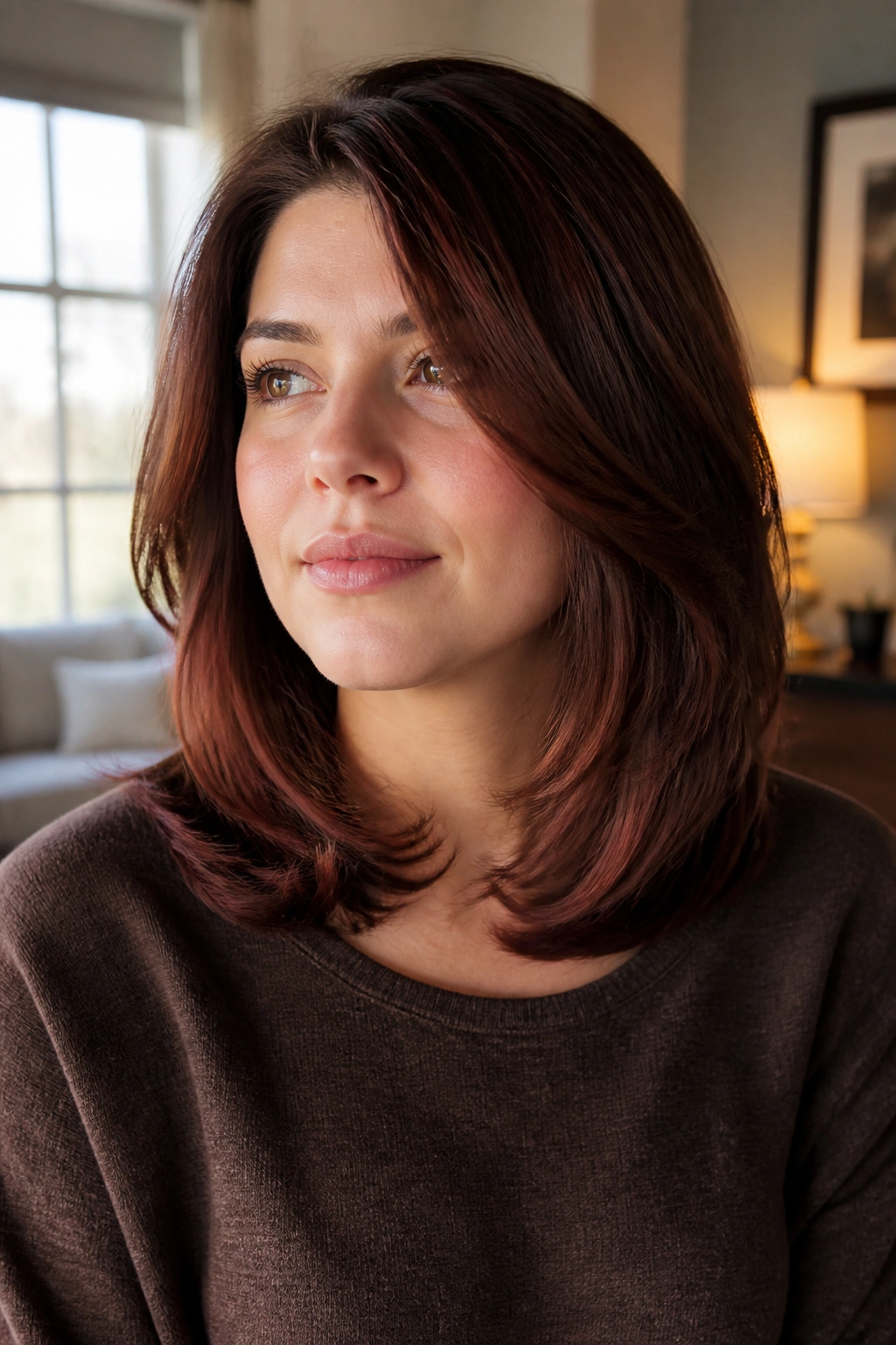 Close-up of chestnut mahogany layered hair on a real woman lengthening a round face.