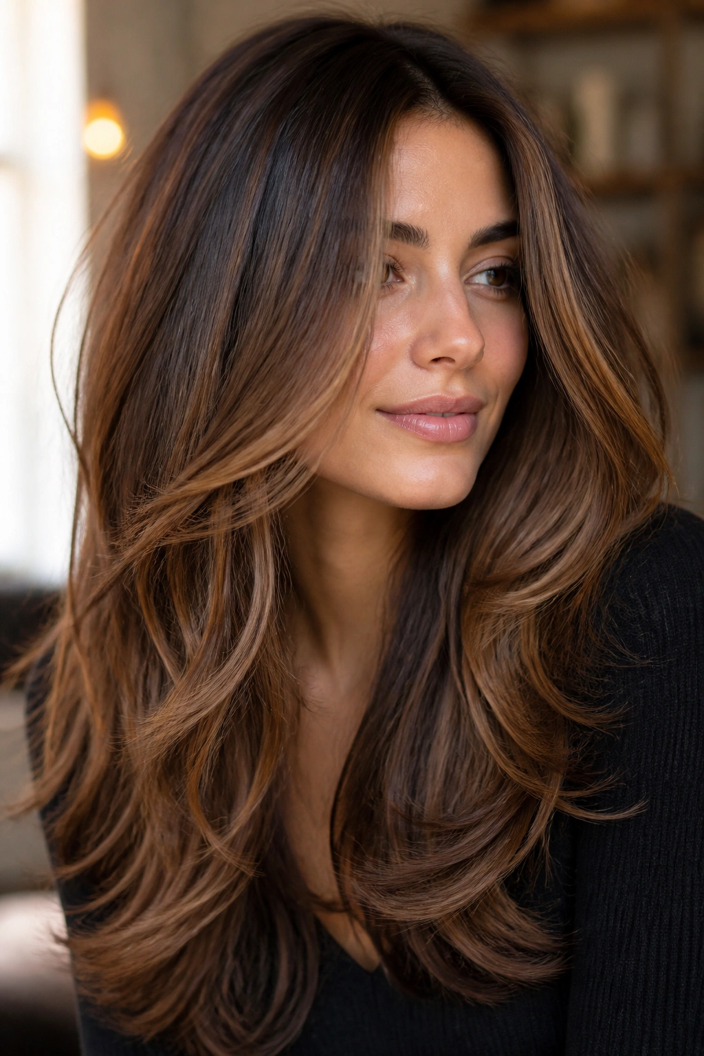 Close-up of a real woman with chestnut melt on long layered hair