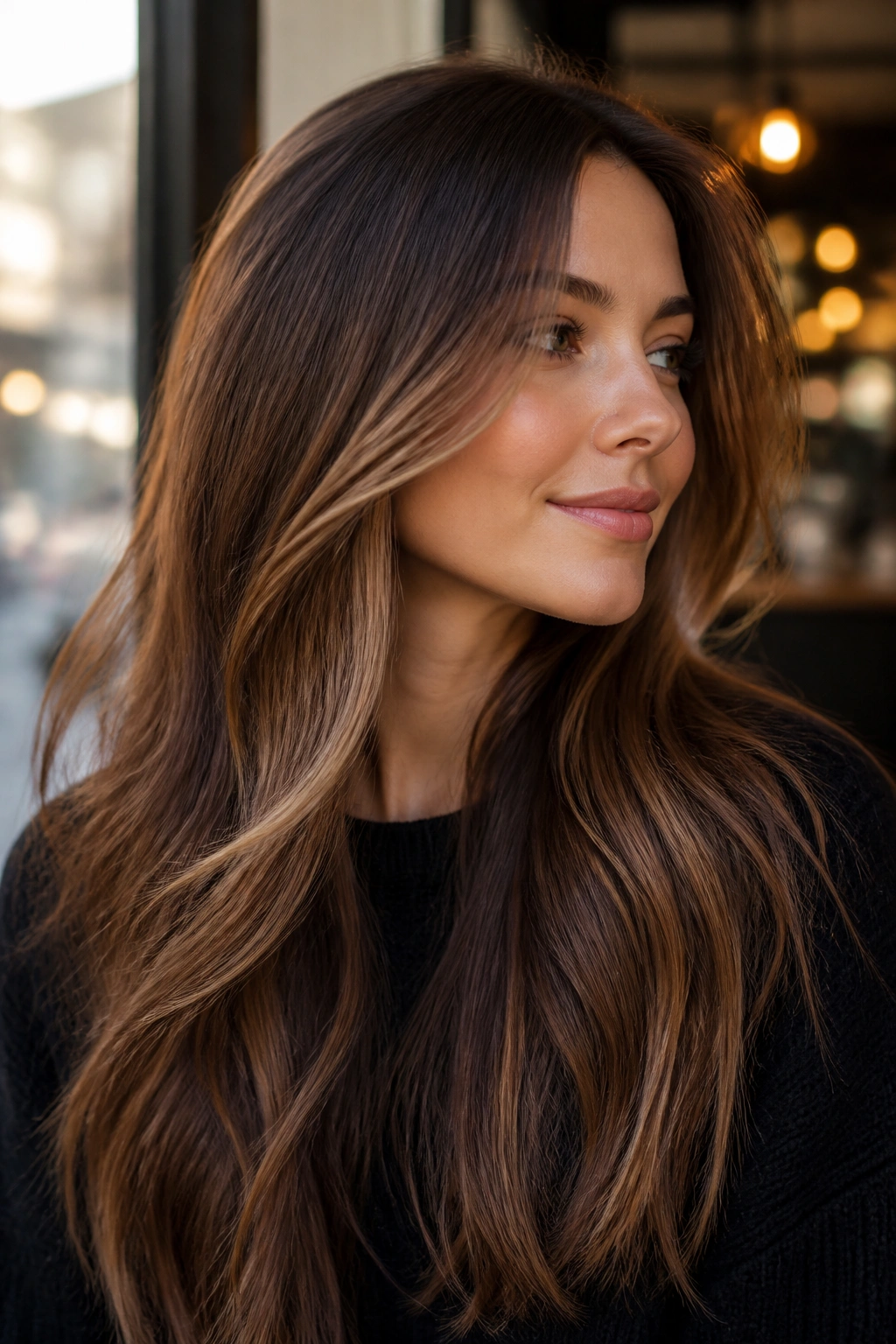 Chestnut melt with face-framing brightness on long hair, soft daylight.