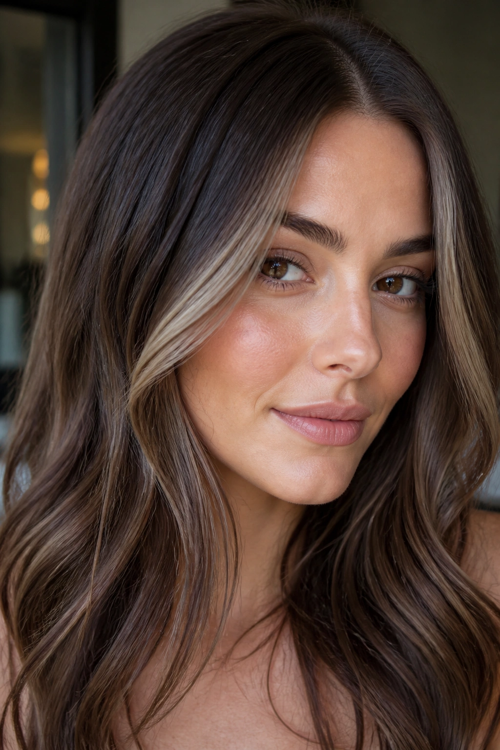 Close-up portrait of a real woman with chestnut brown hair and money-piece face framing.