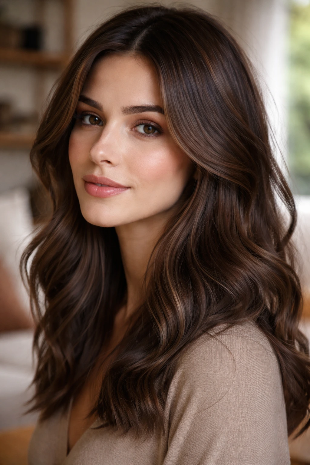 Portrait of a real woman with chestnut hair and mushroom lowlights for cooler undertone.