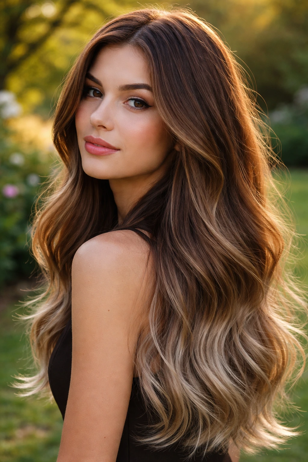 Portrait of a real woman with chestnut ombré and ash ends