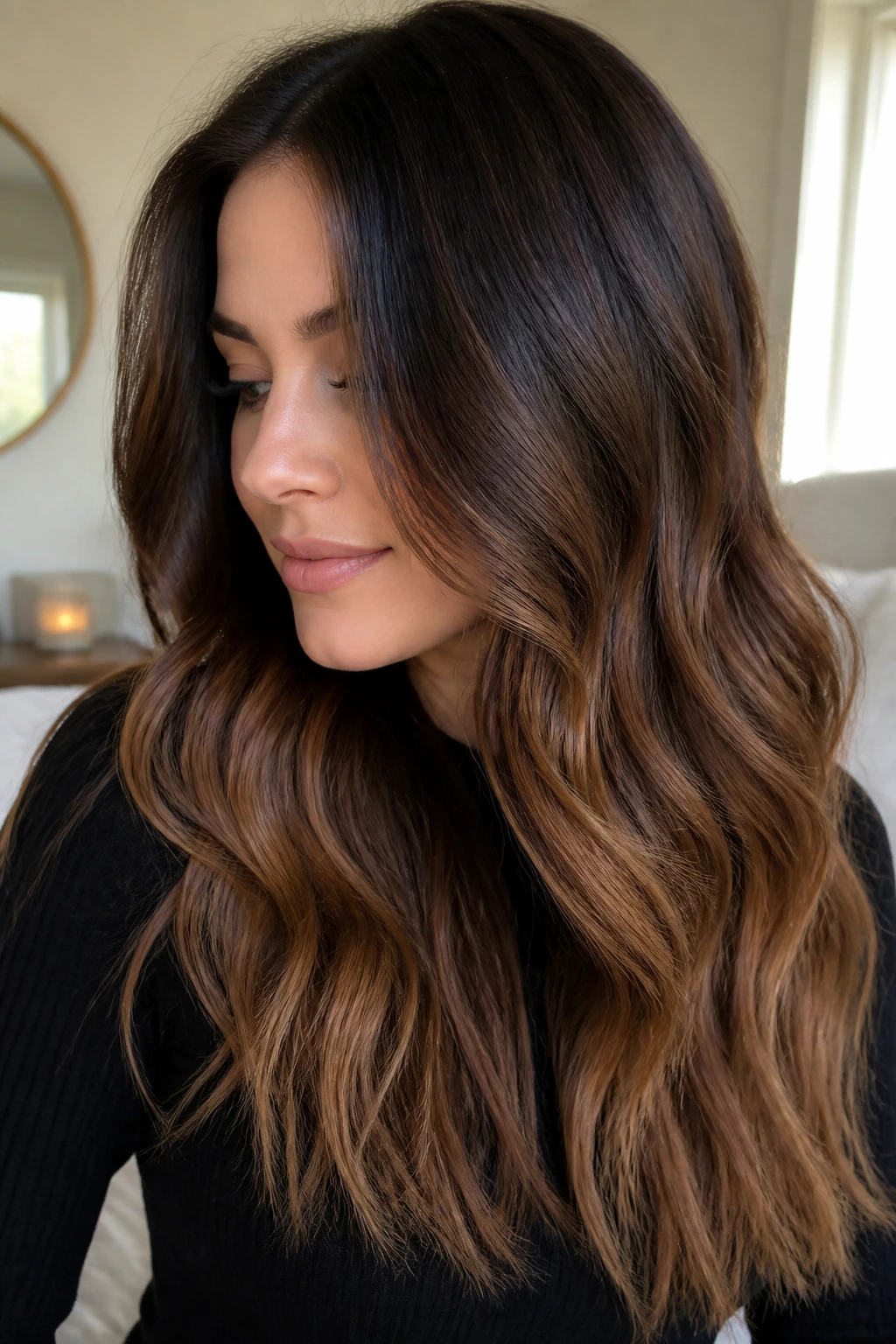 Close-up of a real woman with chestnut ombre balayage on thick hair