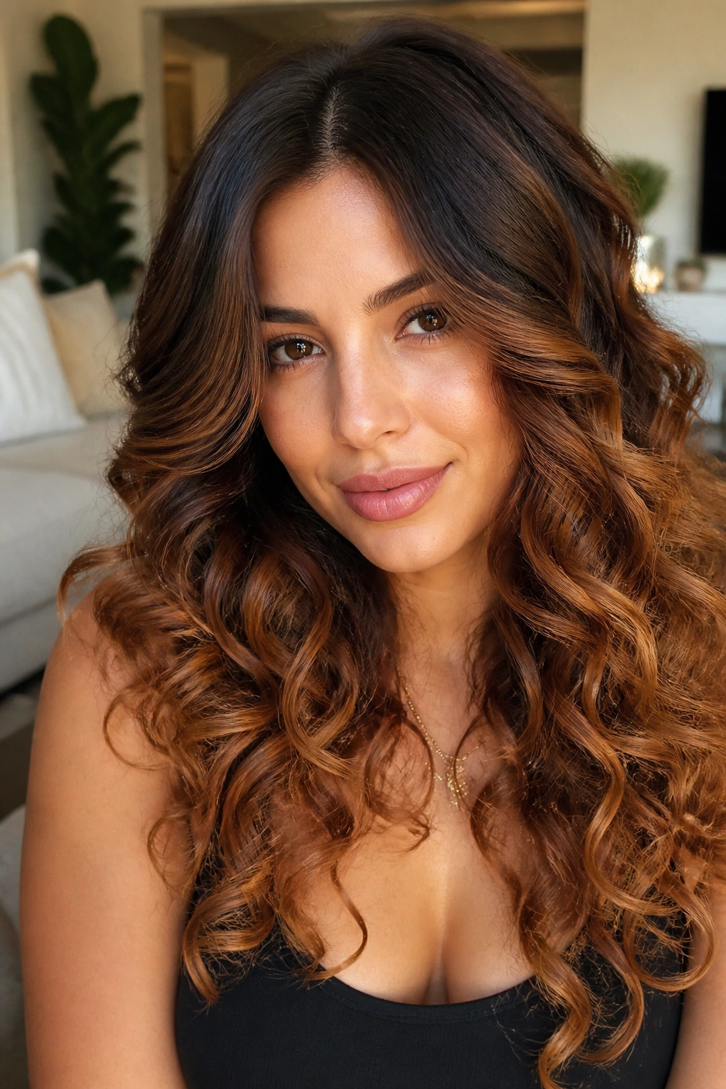 Close-up of a real woman with chestnut ombre and curly ends