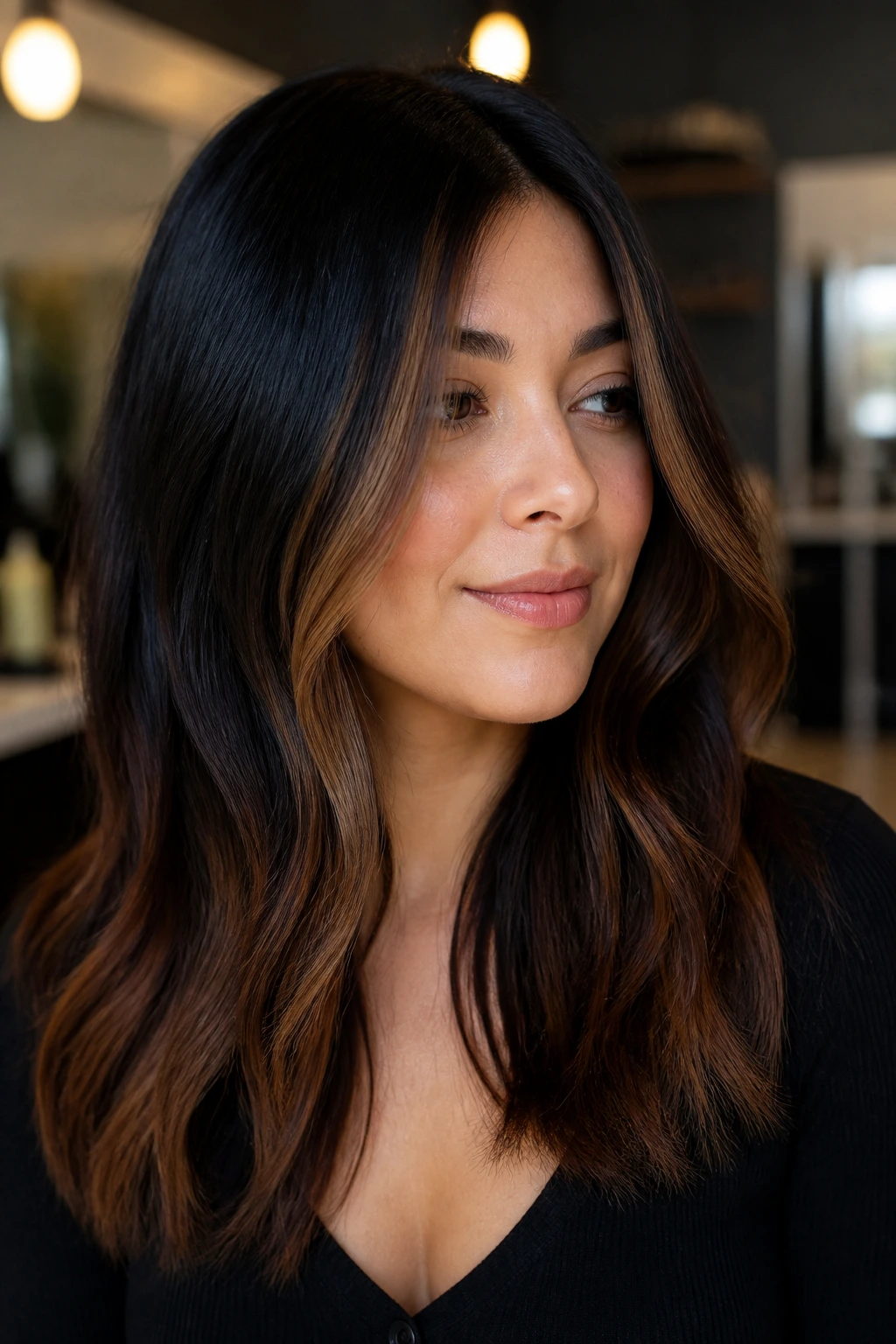 Close-up portrait of a real woman with black-to-chestnut ombré and face-framing pieces.