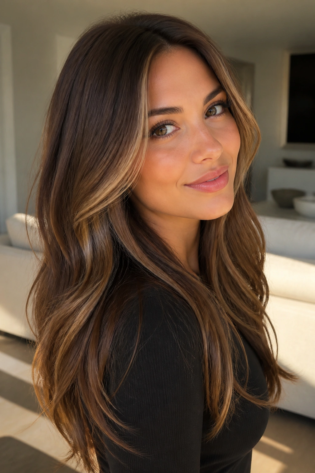 Chestnut ombre with face-framing lighter strands on real woman