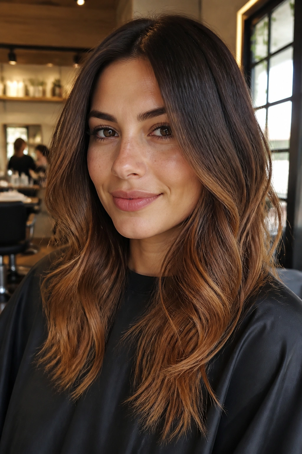 Close-up of a real woman with chestnut ombré fade from dark roots to chestnut ends