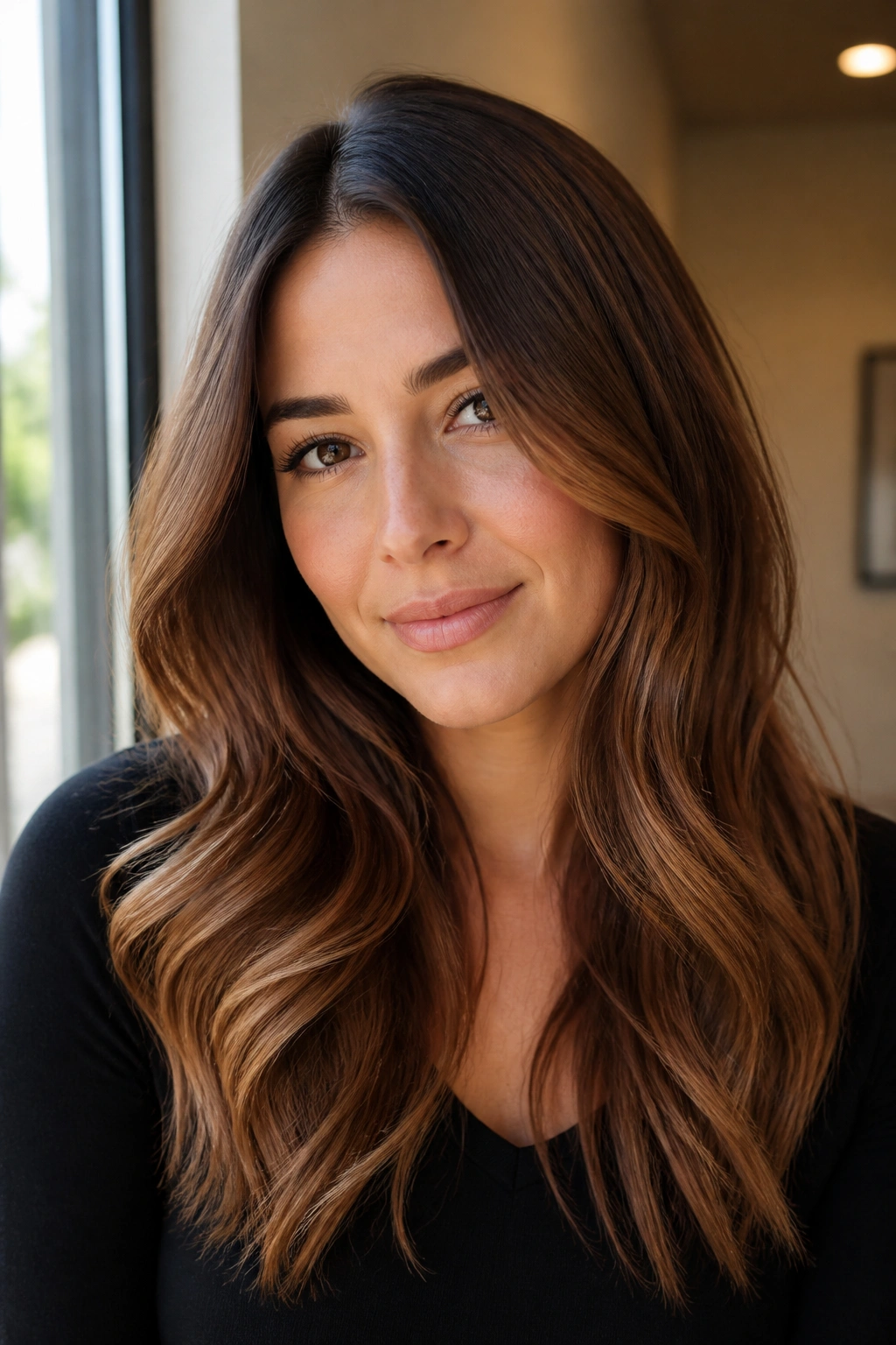 Real woman showcasing soft chestnut ombre with shadow root