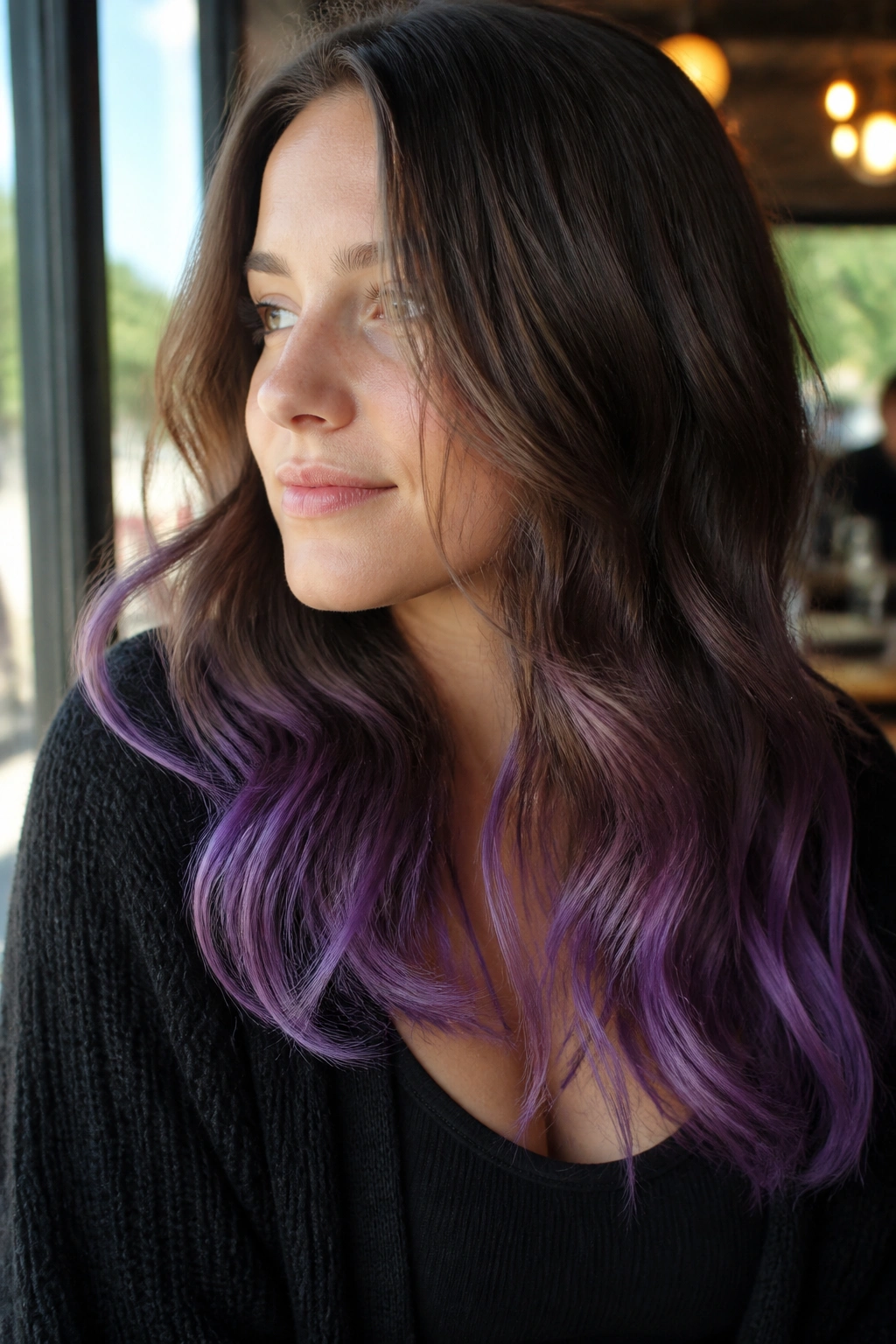 Close-up portrait of a real woman with chestnut hair and violet orchid dip-dye ends.