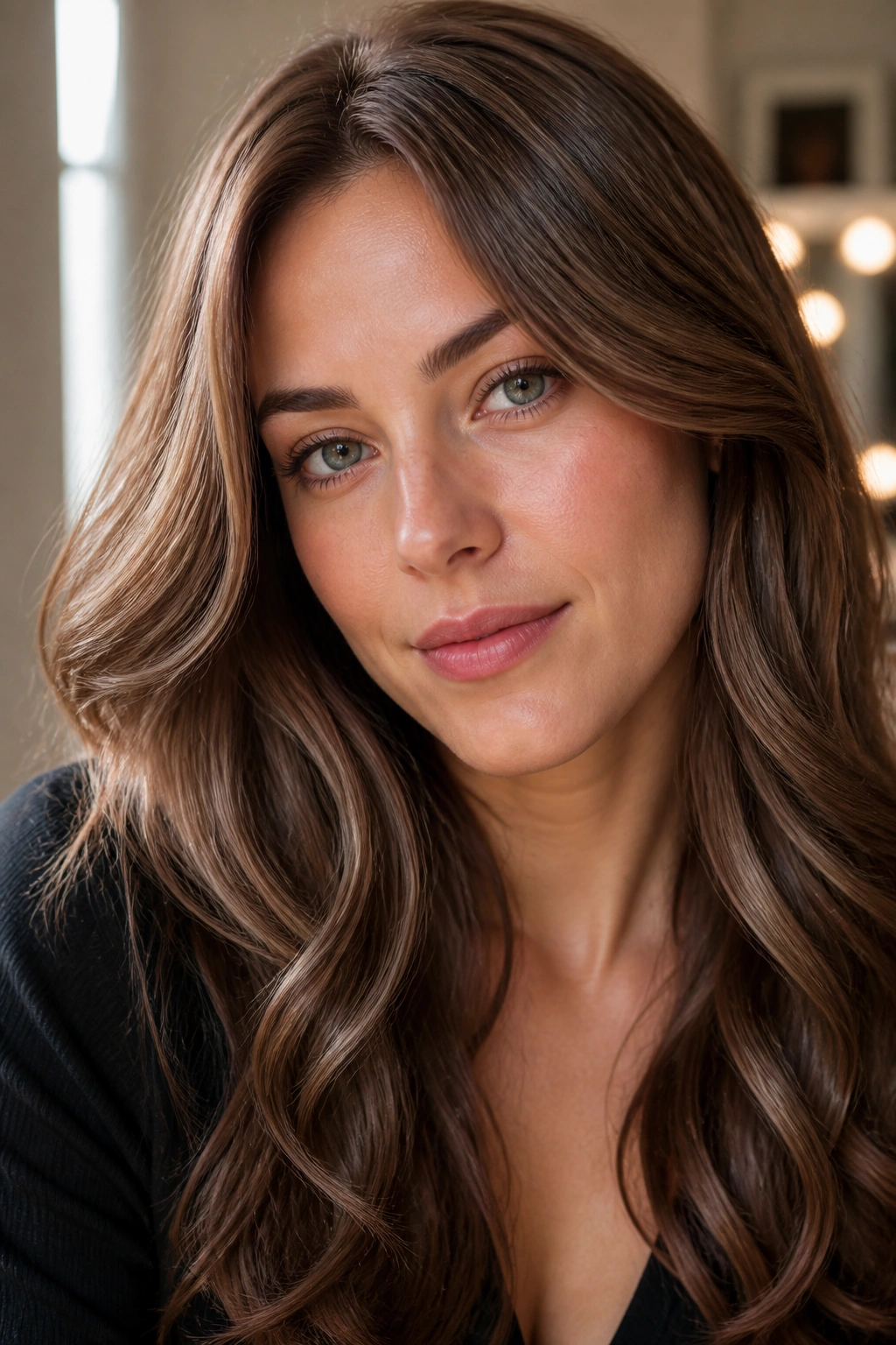Close-up of Chestnut With Pearl Toner hair with cool satin sheen
