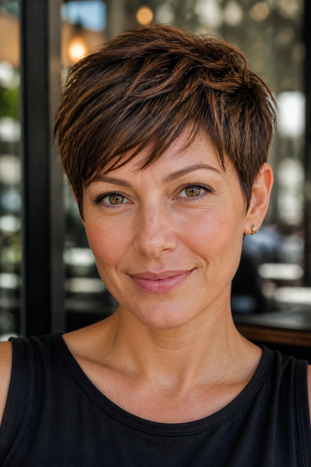 Close-up of a real woman with choppy chestnut pixie texture and piecey ends.