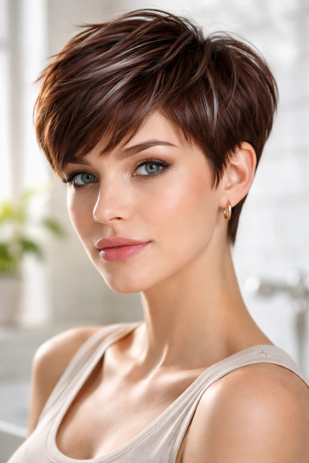 Close-up of Chestnut Pixie With Silver Gloss on a real person