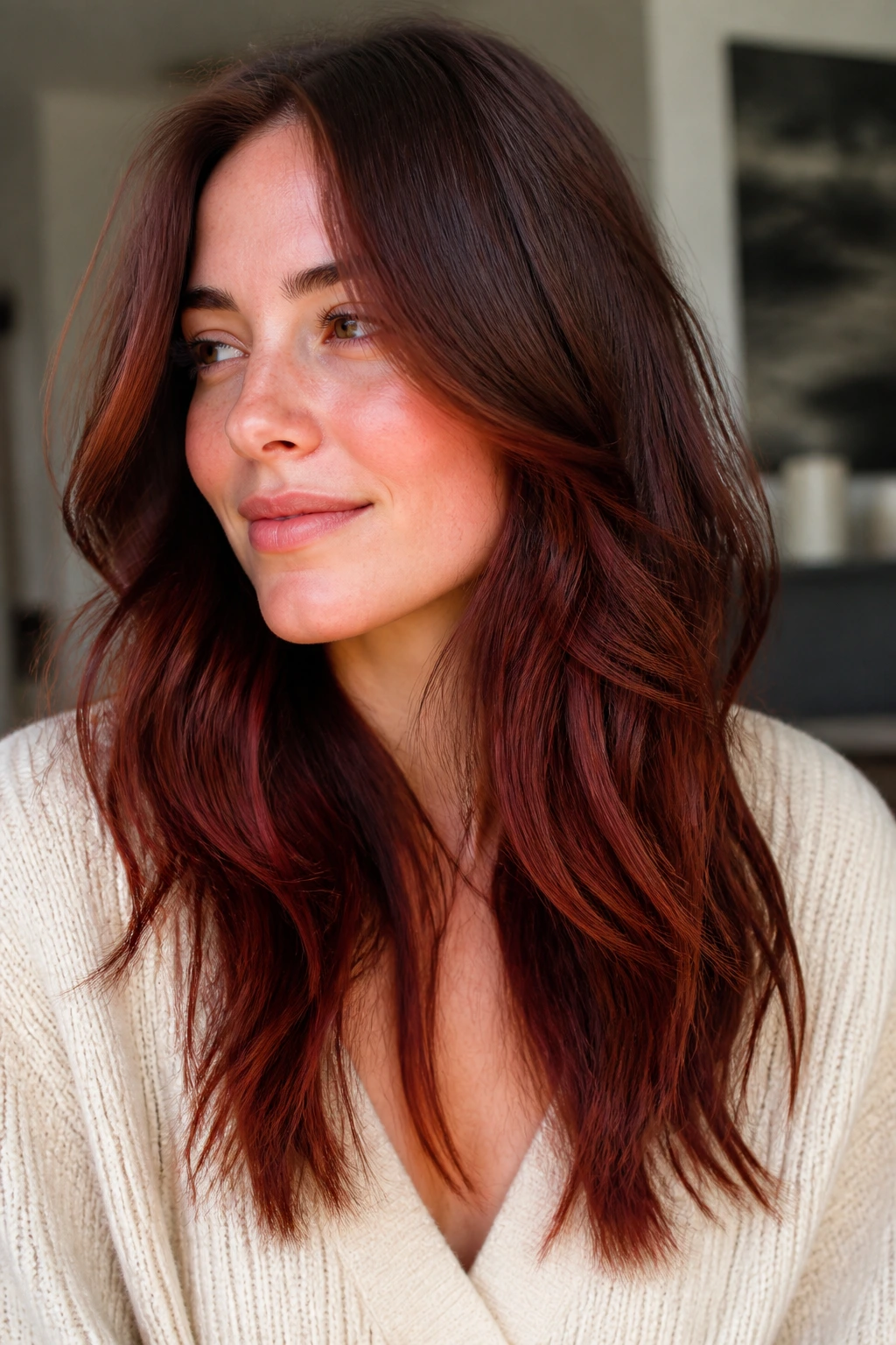 Close-up of chestnut-brown hair with subtle red ribbons