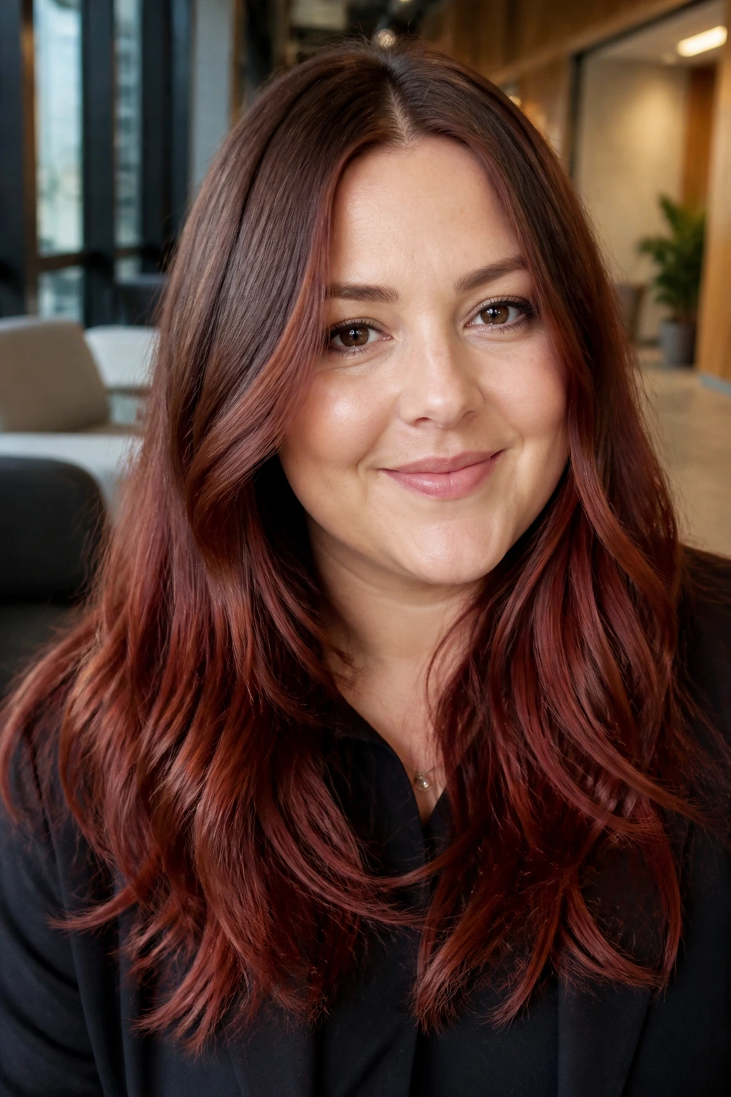 Close-up portrait of a real woman with chestnut red melt hair color