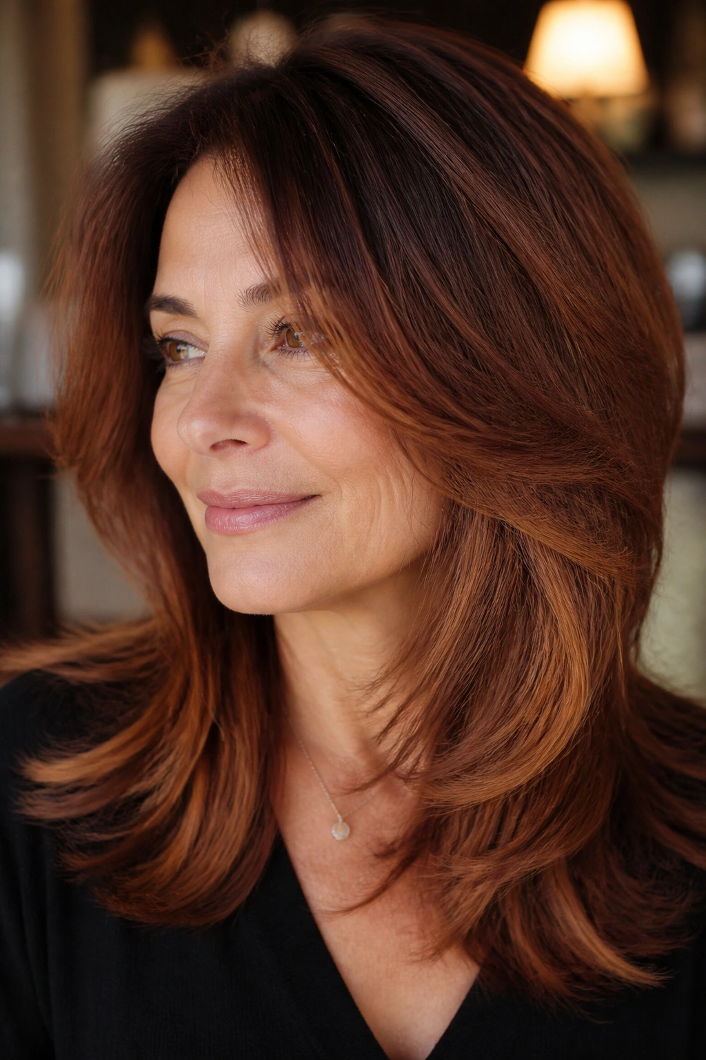 Close-up portrait of a real woman with chestnut red melt hair
