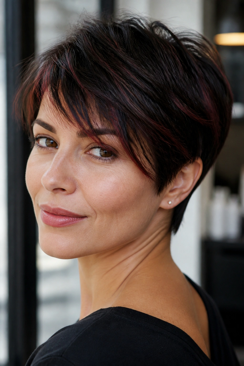 Close-up of real person with short pixie and chestnut red micro-highlights