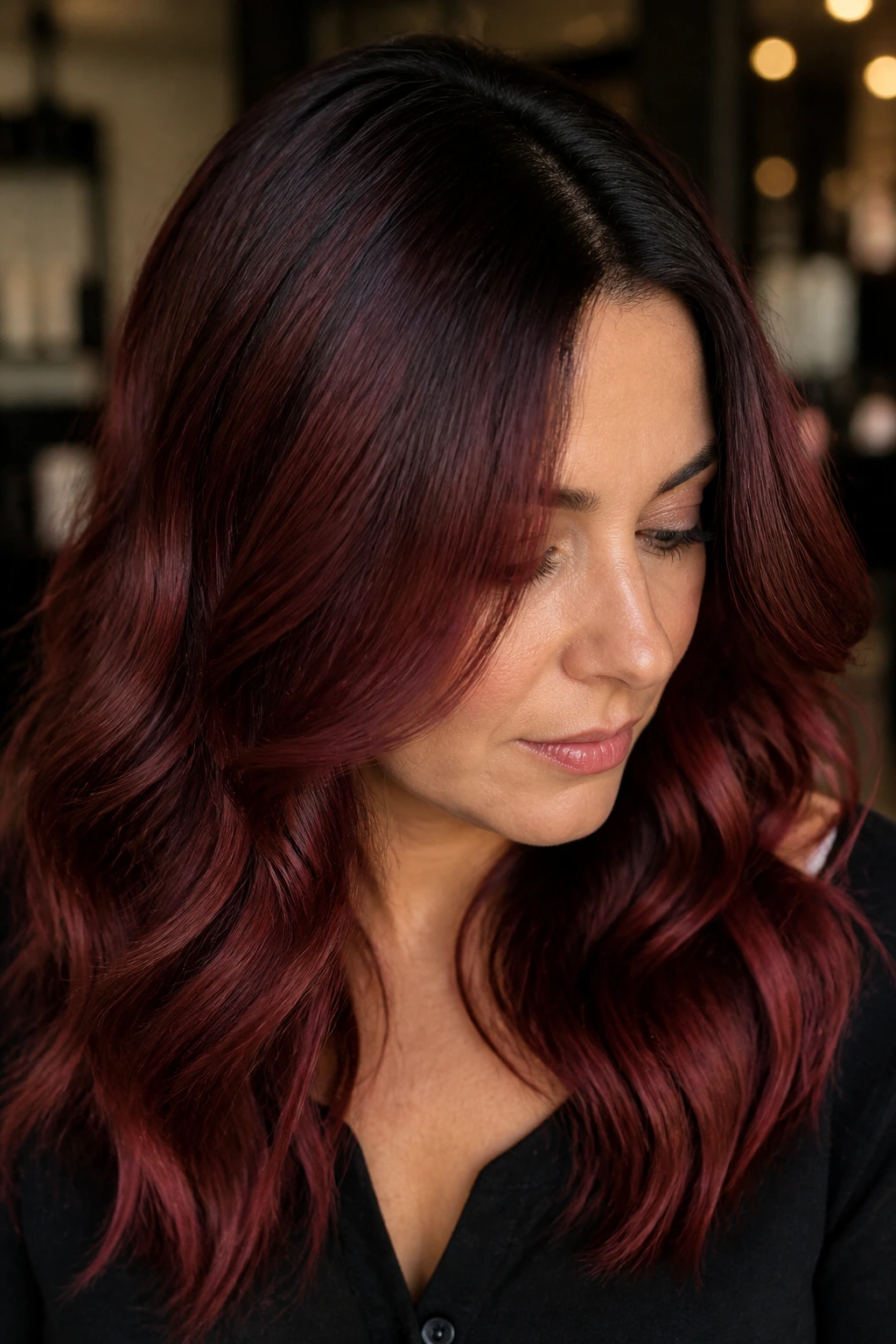 Close-up of a person with dark shadow roots and muted red throughout the hair