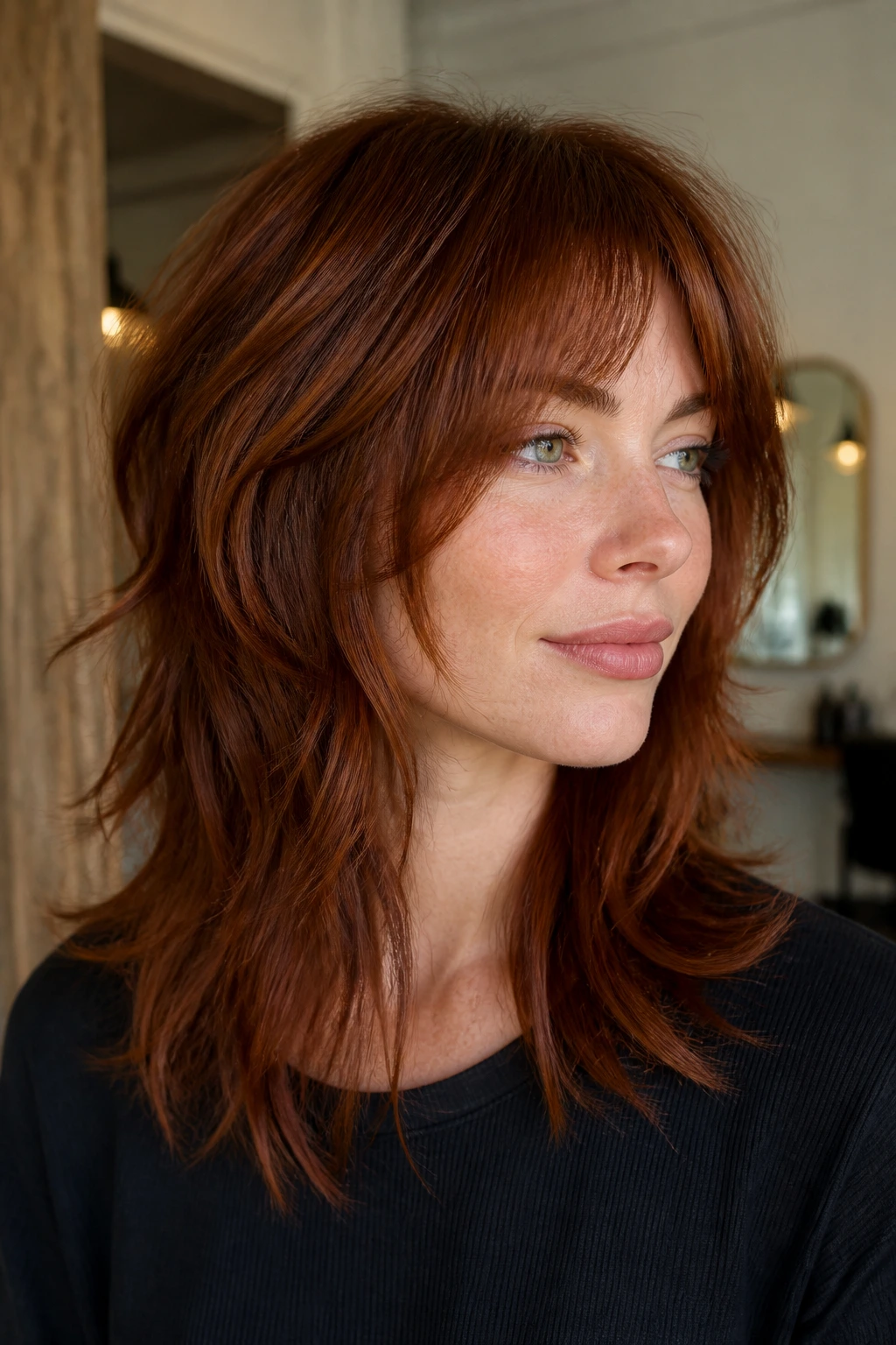 Real person with chestnut-red shag and long face-framing pieces