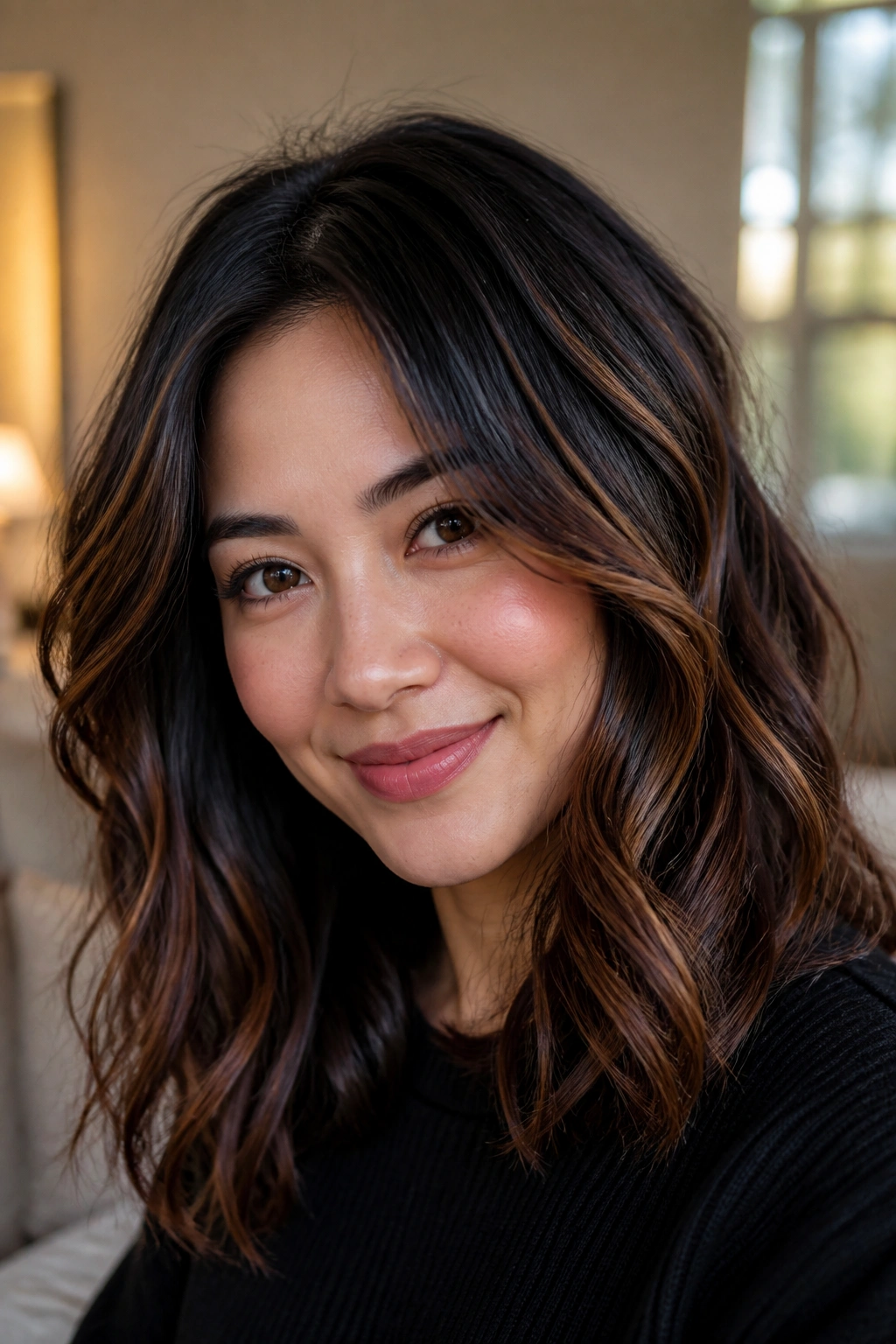 Shoulder-length hair with chestnut ribbons woven through soft waves on a real woman
