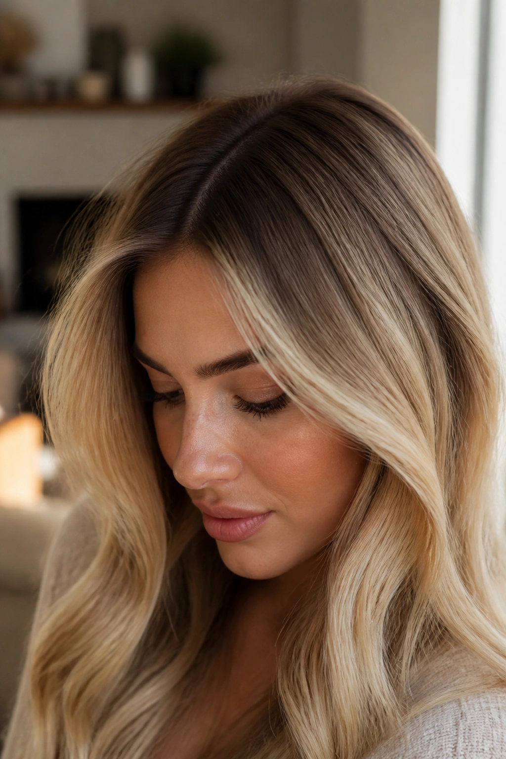 Close-up portrait of a real person with chestnut root on blonde hair