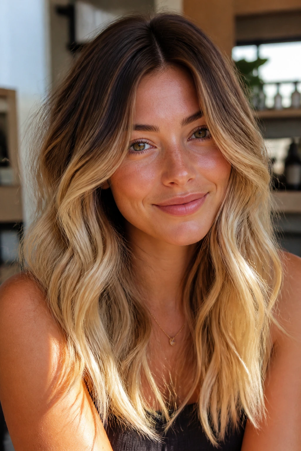 Close-up of chestnut roots blending into golden blonde ends on a real woman