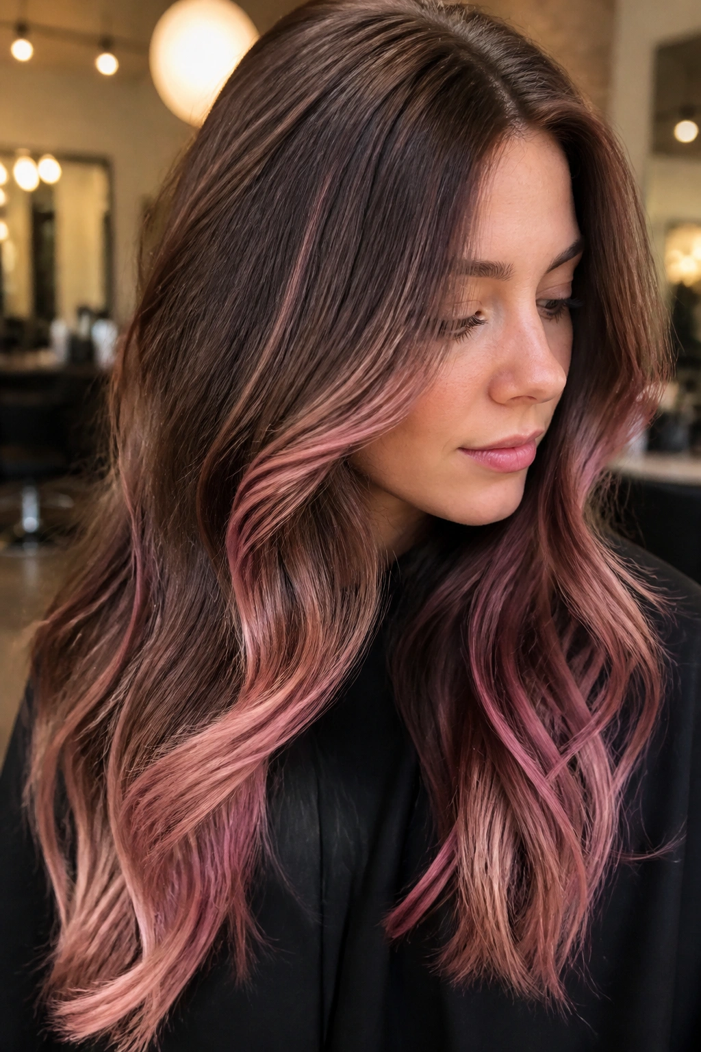 Long hair with chestnut brown base and rose gold ribbons