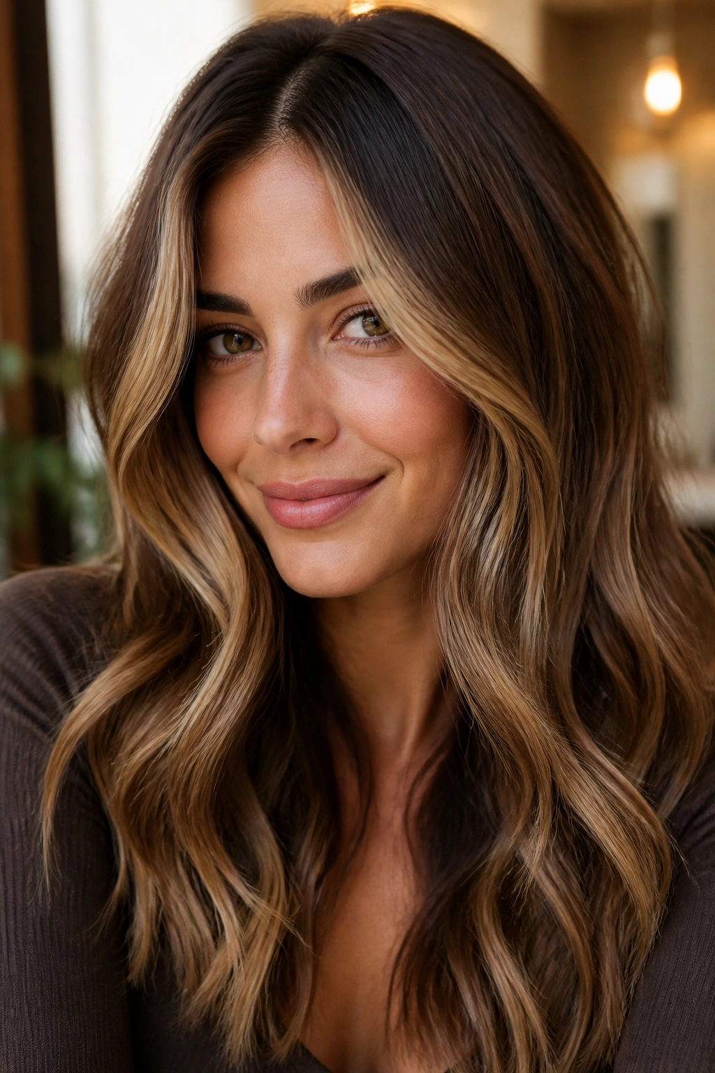 Close-up of chestnut base with sand balayage on a real woman's hair.