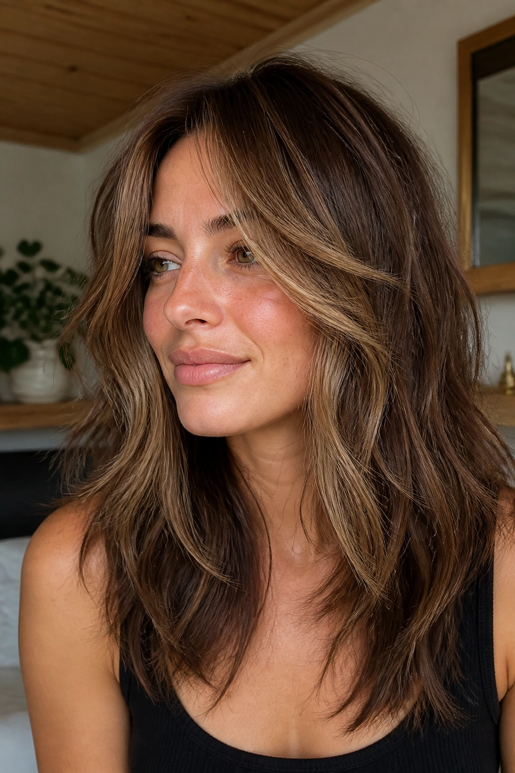 Close-up of a real woman with chestnut shag and piecey front layers.