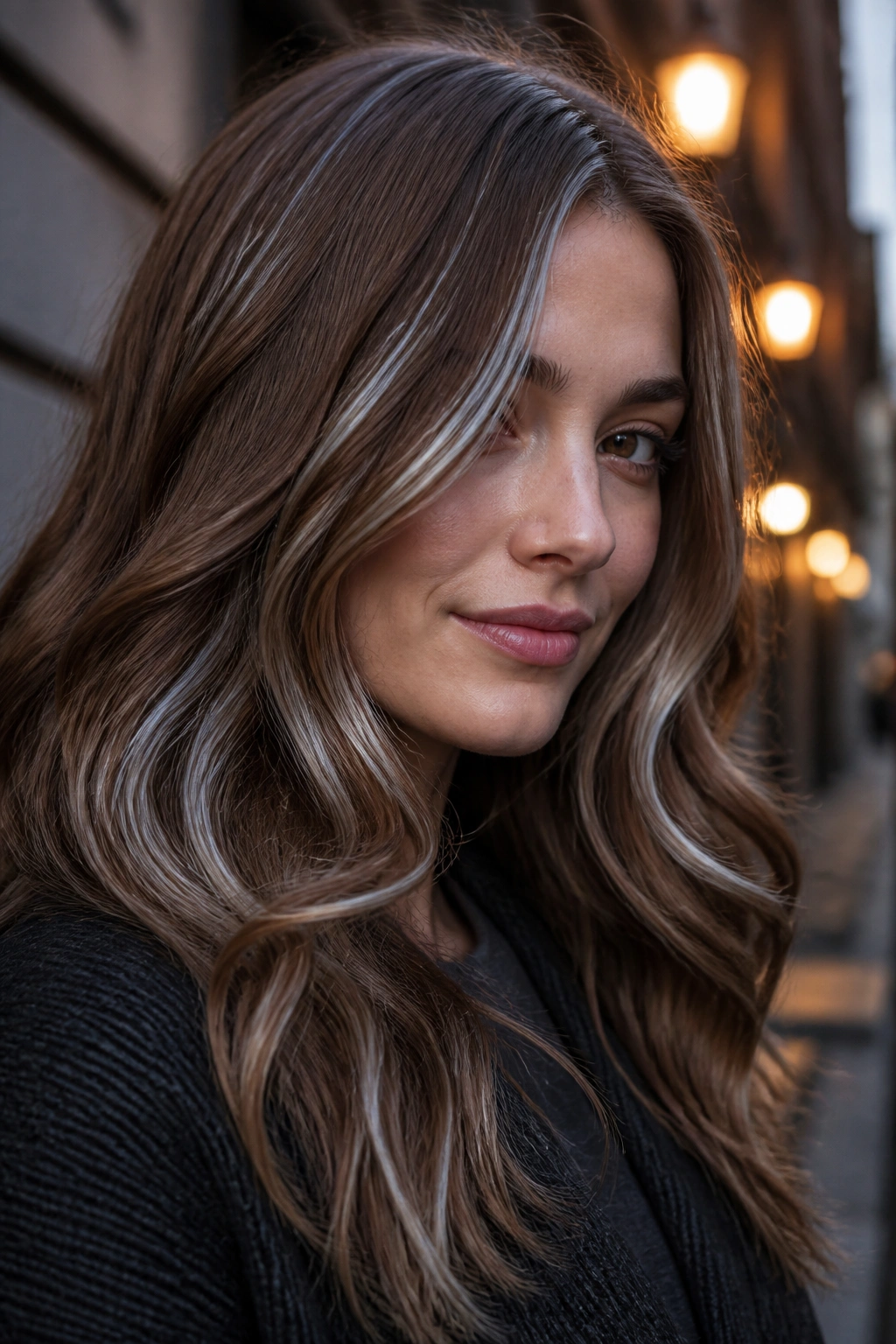 Portrait of a woman with chestnut hair and silver ribbon lights