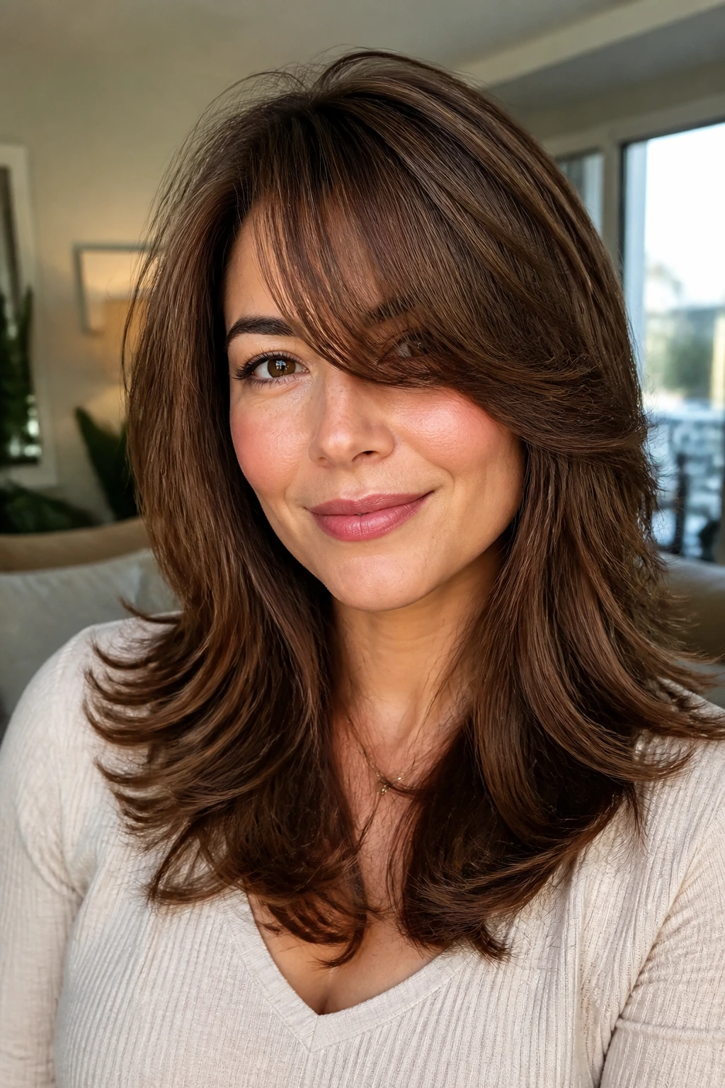 Close-up of a real woman with chestnut blowout layers and a swoopy fringe
