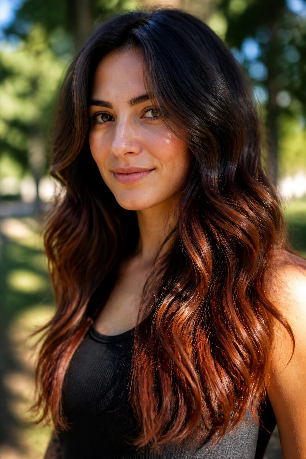 Close-up of a real woman's hair with chestnut-tipped waves on long hair